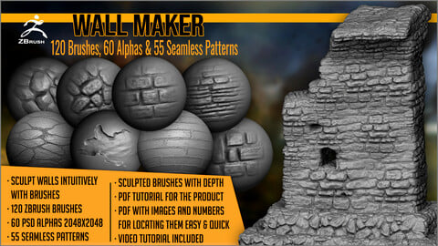 Wall Maker 120 ZBrush Brushes, 60 Alphas, and 55 Patterns
