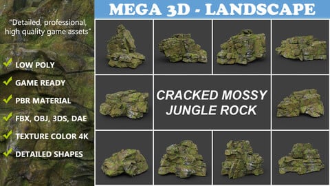 Low poly Cracked Mossy Jungle Rock 220124