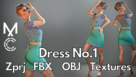 Female dress No.1 : Marvelous Designer + Clo3d + OBJ + FBX + Texture