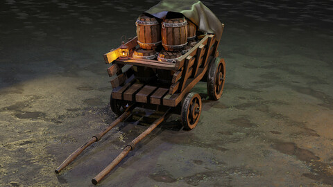 A stylized medieval cart with a lamp and barrels