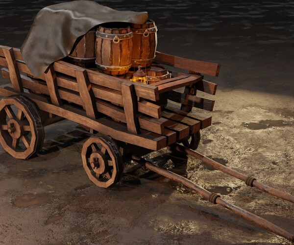 ArtStation - A stylized medieval cart with a lamp and barrels | Game Assets