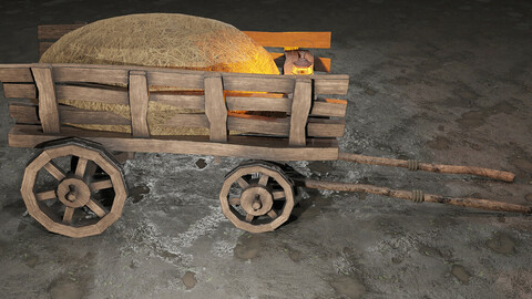 Stylized medieval cart with a lamp and hay
