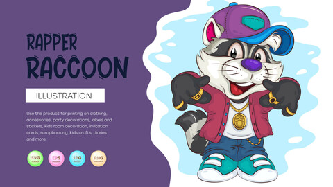 Cartoon Raccoon Hip-hop Rapper. T-Shirt, PNG, SVG.