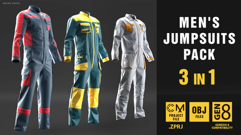 Men's jumpsuits pack 3 in 1. Marvelous Designer/Clo3D project file + OBJ+BLEND