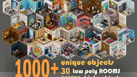 30 Low poly Rooms Interiors 1000+ unique Objects
