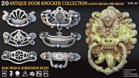 Antique Door Knocker collection- vol-01(UV / IMM /Alpha / OBJ / FBX / .BLEND / 3DSMAX / C4D / STL  /PNG)