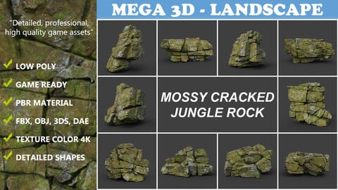 Low poly Mossy Cracked Jungle Rock 220202