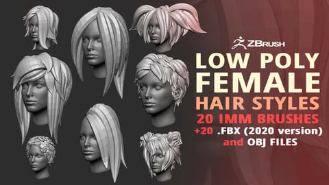 20 Female anime character hair styles and hairdoo low poly IMM brush set for Zbrush, fbx and obj files.