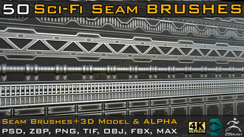 50 Sci-fi Seam Brushes+3D Model & Alpha ( Tileable 4k-16bit) Vol.01