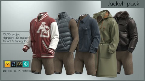 JACKET PACK (5 various male jackets for any occaison made in Clo3D/Marvelous Designer): zrpj, obj,fbx, PBR 4K