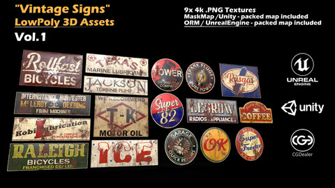 "Vintage Signs" Vol.1 - 3D low poly Asset/Prop