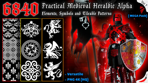 6840 Practical Medieval Heraldic Alpha Elements, Symbols and Tileable Patterns (MEGA Pack) - Vol 7