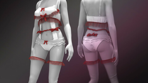 Woman's Sexy Outfit_Underwear_Red&White_Clo3d, Marvelous designer.