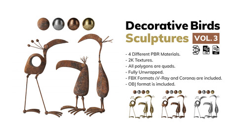 Decorative Birds Sculptures VOL. 3 (3ds Max, FBX, OBJ, V-Ray, Corona)