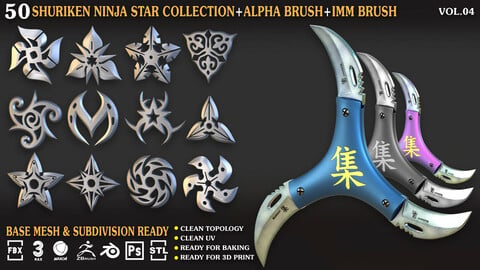 50 Shuriken_Ninja_Star_Collection_Vol_04 ( UV / IMM /Alpha / OBJ / FBX / .BLEND / 3DSMAX / C4D / LIB4D / STL /PNG )