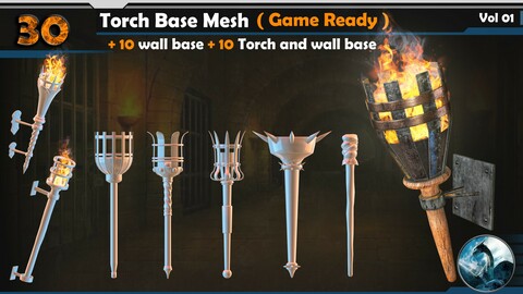 30 Torch Base Mesh (Game Ready) + 10 wall base