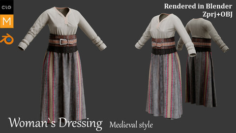 Medieval Woman`s Dressing. Marvelous Designer and Clo3D. Zprj/OBJ