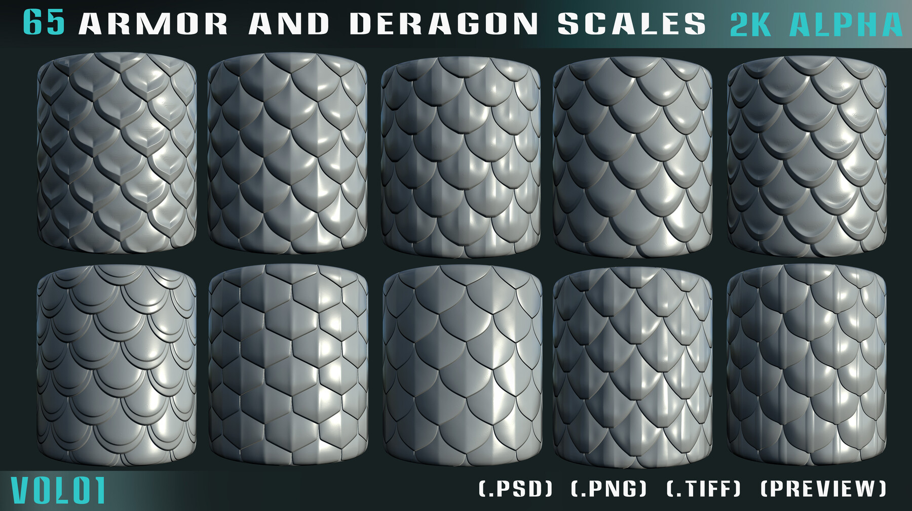 ArtStation - 65 Armor and Dragon Scales Alpha - VOL 01 | Brushes