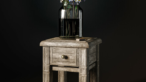 Antique wooden pedestal with flowers 3D model