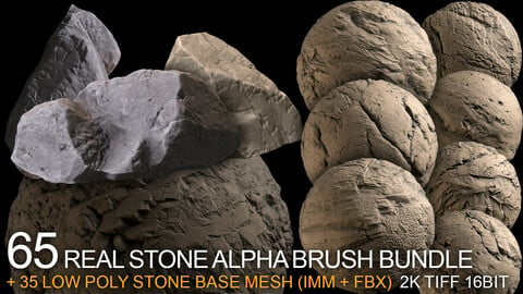 65 real stone alpha brush bundle + basemesh stones IMM  (2K tiff + free tutorial)