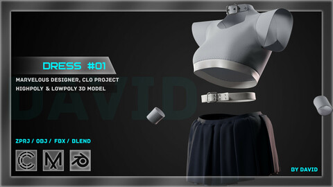 Dress 01 - Marvelous Designer, CLO project. Lowpoly, PBR.