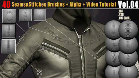 40 Seams And Stitches Brushes + Alpha + Video Tutorial Vol.04