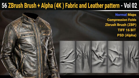 56 ZBrush Brush + Alpha (4K ) ,Compression Folds , Fabric and Leather pattern - Vol 02