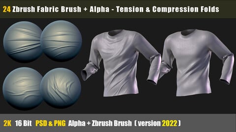 24 Fabric Tension & Compression Folds Alpha + Zbrush brush