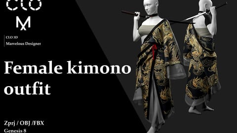 Female kimono outfit  #4  / Marvelous Designer/Clo3D project file + OBJ
