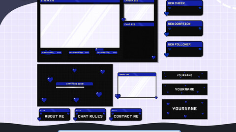 Stream Overlay Package Animated Blue Pixel Hearts, Blue Stream Package, Twitch Stream Package, Lofi Stream Package, Cute Stream Package