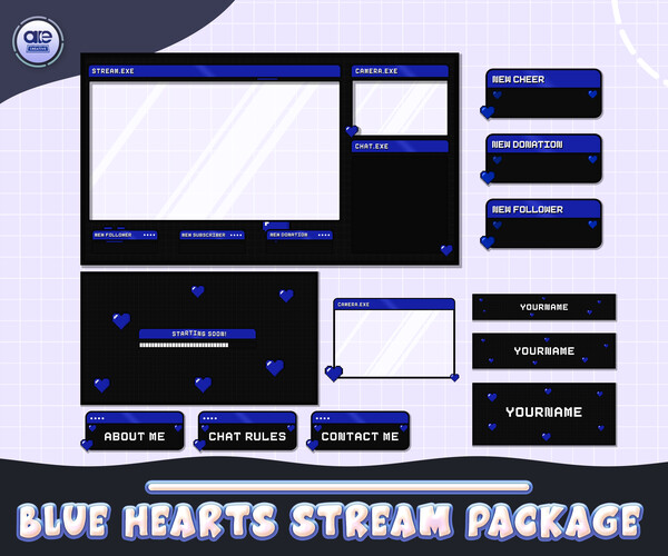 ArtStation - Stream Overlay Package Animated Blue Pixel Hearts, Blue ...