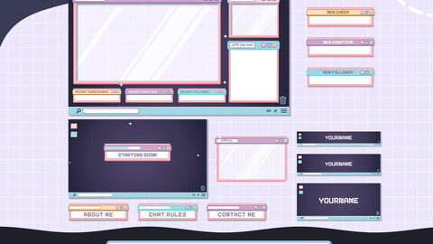 Animated Twitch Overlays Package Purple Pixels, kawaii twitch overlay, stream package, cute twitch overlay, Purple twitch layout