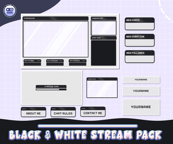 ArtStation - Black and White Twitch Overlay Package, Kawaii Twitch ...