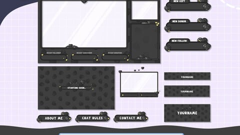 Animated twitch overlay package Black Hearts aesthetic, Kawaii pixel overlay, animated alerts, dark twitch pack, black overlay