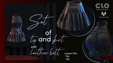 CLO3D project+fbx+obj+High-Quality PBR Textures: Top and skirt with leather belt