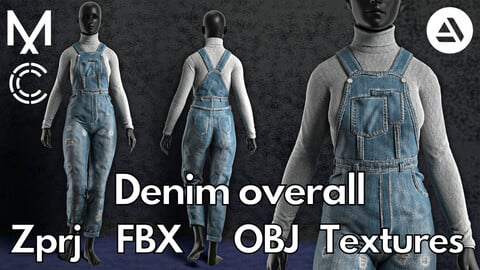 Female denim overall : Marvelous Designer + Clo3d + OBJ + FBX + Texture