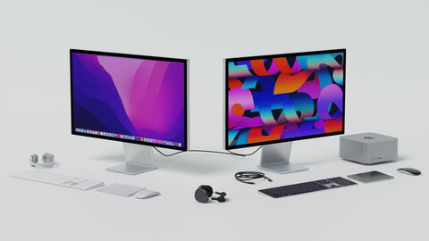 Mac Studio 2022 with keyboard mouse trackpad and airPods Max