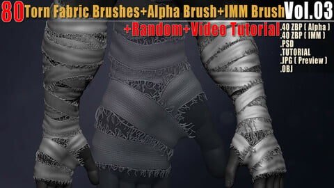 80 Torn Fabric Brushes + Alpha Brush + IMM Brush +Video Tutorial Vol03