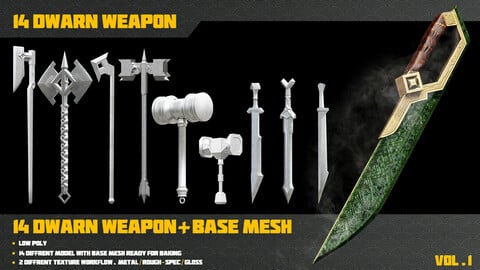 14 Dwarn weapon + Base Mesh (Game ready)