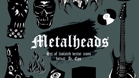 Rock  / Metalhead vector icons / guitar, skull, human heart, lips, music, rock 'n' roll, punk