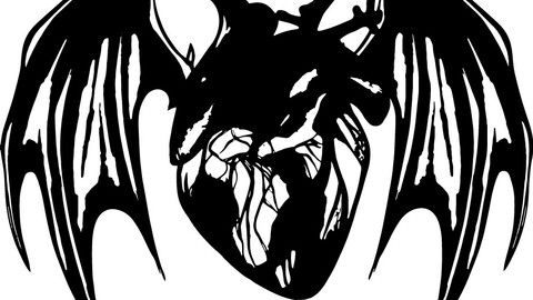 Devil heart  vector / Stylized anatomic human heart with devil wings / Black and white tattoo art