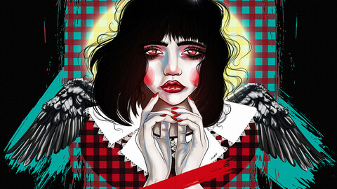 Sad Angel Girl with short black hair and big dark eyes / Stylized grunge digital art