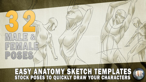 32 Easy Male & Female anatomy gesture pose templates.