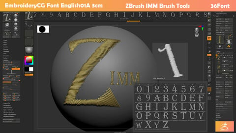 EmbroideryCG Font English01A 3cm : ZBush IMM + Alpha Brush