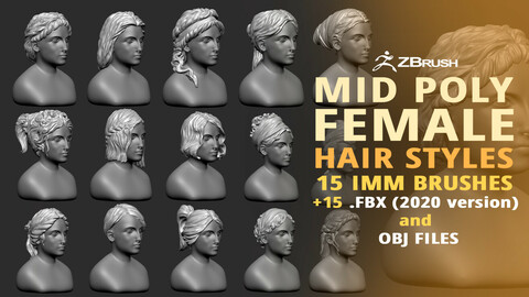 15 Female greek or roman statue hair styles and hairdoo mid-poly IMM brush set for Zbrush, fbx and obj files.