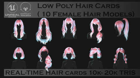 Stylized Hairstyle Pack (10 pieces). Low-poly / Game-ready / PBR / Cards / Rigging+Skinning / Real-Time