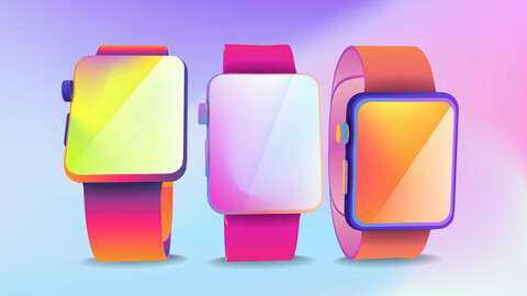 three pairs of colored smart watches in space