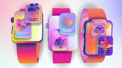 three pairs of colored smart watches with cartoon interface