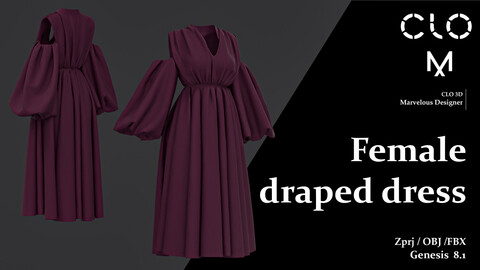 Female draped dress / Marvelous Designer/Clo3D project file + OBJ