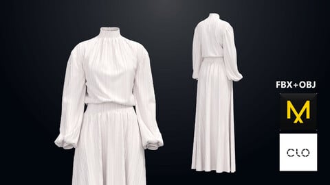 Elegant Retro Dress. Marvelous Designer/Clo3d project + OBJ + FBX
